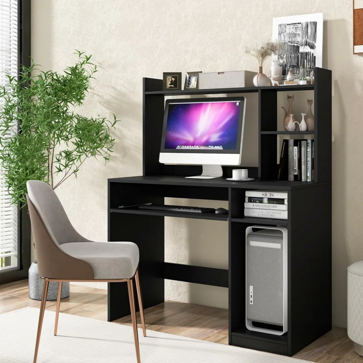 Tangkula Desk with Hutch &Charging Station, Home Office Desk with Keyboard Tray