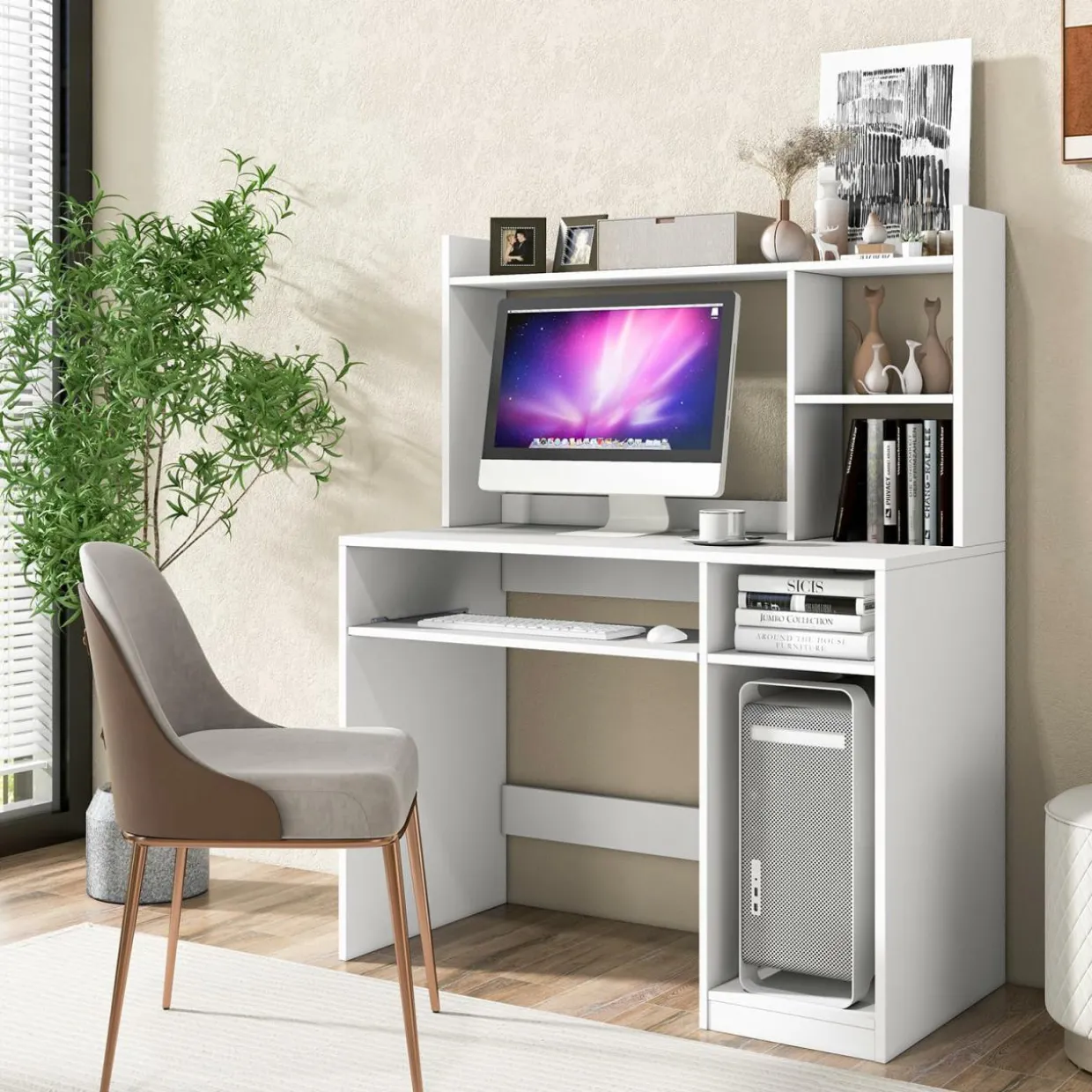 Tangkula Desk with Hutch &Charging Station, Home Office Desk with Keyboard Tray