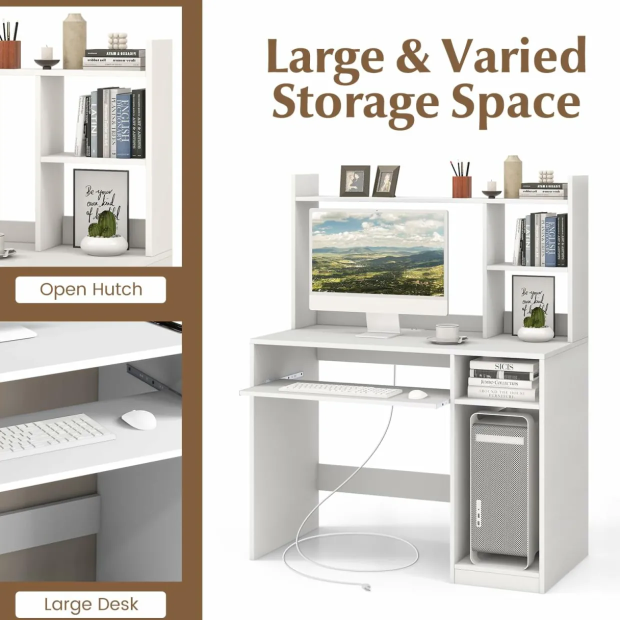 Tangkula Desk with Hutch &Charging Station, Home Office Desk with Keyboard Tray