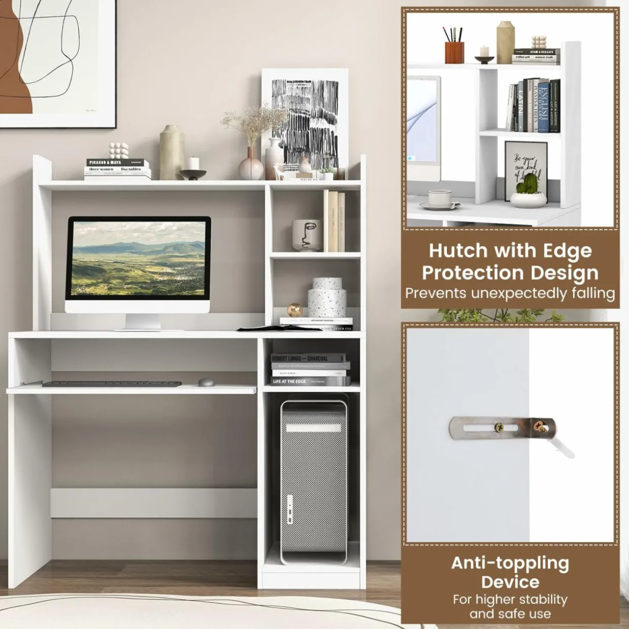 Tangkula Desk with Hutch &Charging Station, Home Office Desk with Keyboard Tray