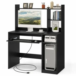 Tangkula Desk with Hutch &Charging Station, Home Office Desk with Keyboard Tray
