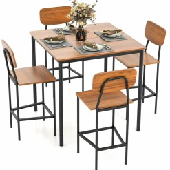 Tangkula Dining Table Set for 4, Vintage Counter-Height Dining Table & 4 Bar Chairs