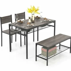 Tangkula Dining Table Set for 4, Kitchen Table with Bench and Chairs, Additonal Storage Rack