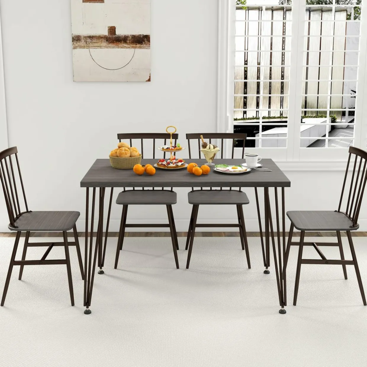 Tangkula Dining Table Set for 4, Kitchen Table and Chairs Set of 4 w/Metal Frame, 360° Swivel Feet
