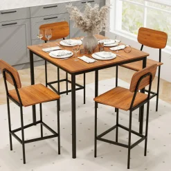 Tangkula Dining Table Set for 4, Vintage Counter-Height Dining Table & 4 Bar Chairs