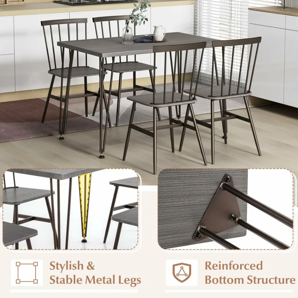 Tangkula Dining Table Set for 4, Kitchen Table and Chairs Set of 4 w/Metal Frame, 360° Swivel Feet