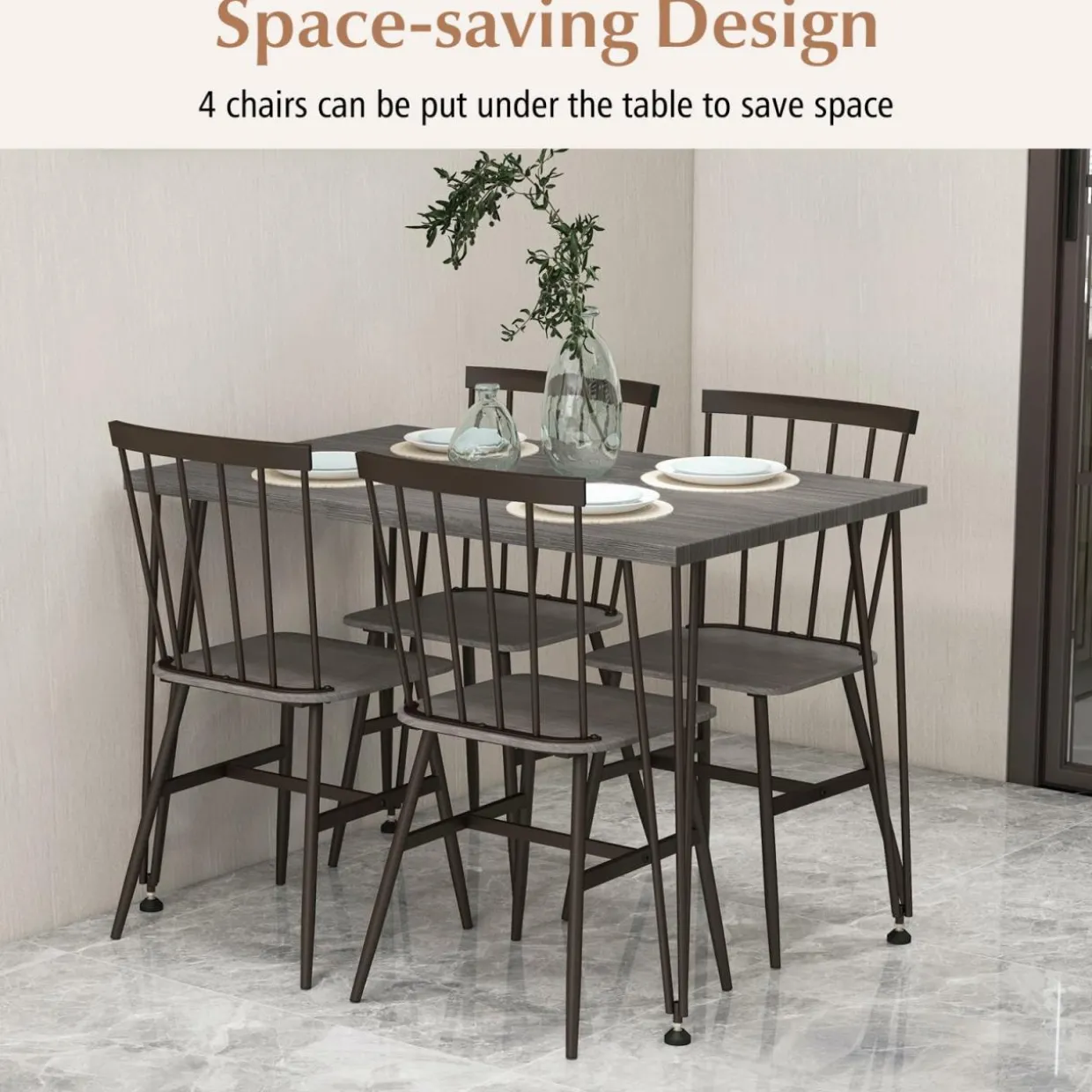 Tangkula Dining Table Set for 4, Kitchen Table and Chairs Set of 4 w/Metal Frame, 360° Swivel Feet