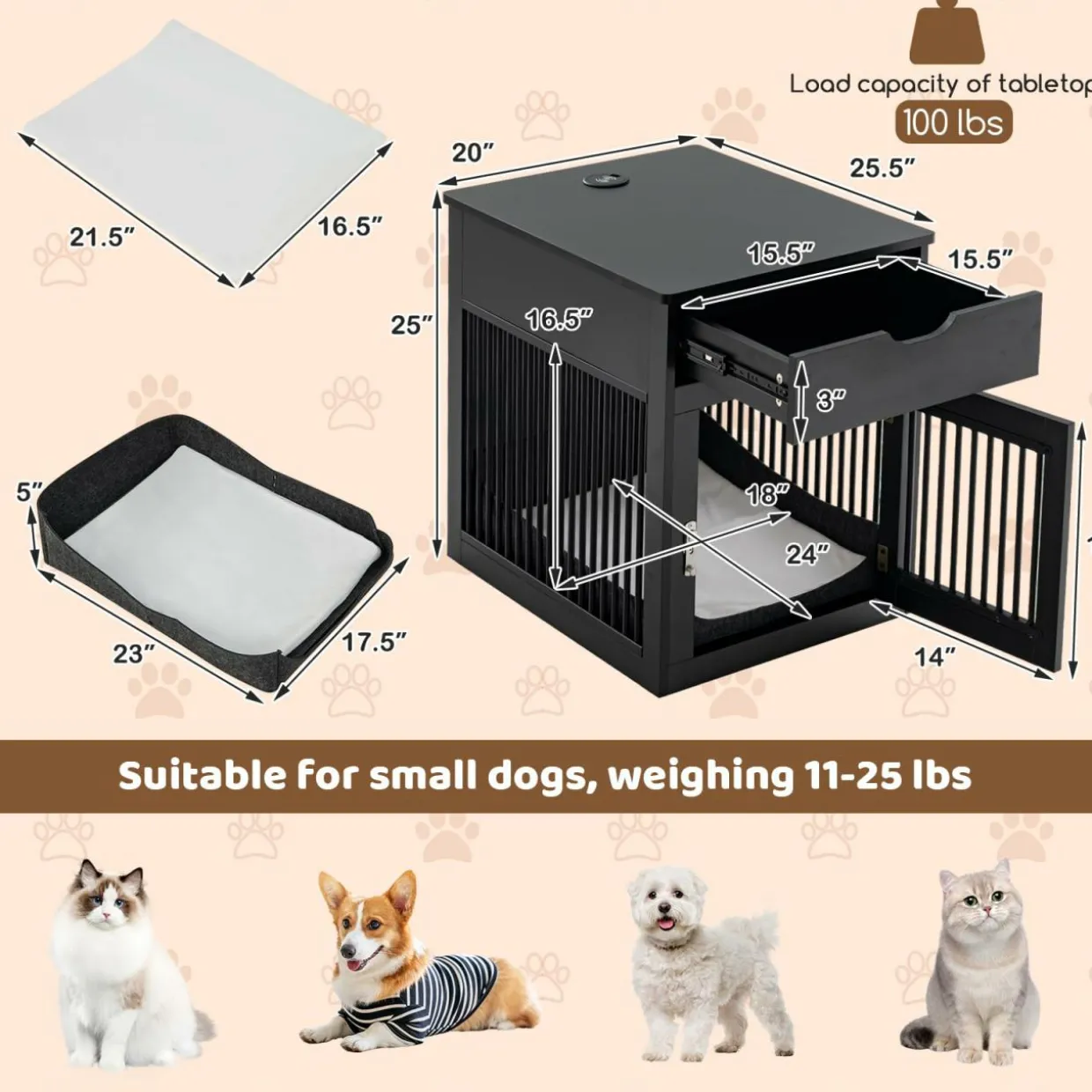 Tangkula Dog Crate Furniture, Decorative Dog Kennel End Table with Storage Drawer