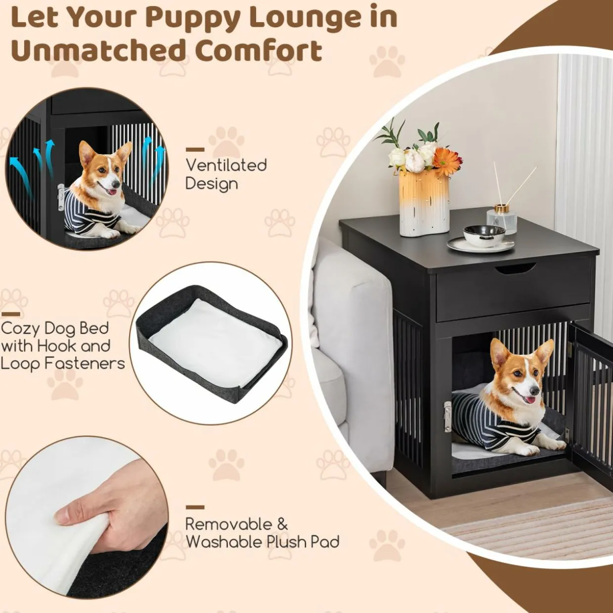 Tangkula Dog Crate Furniture, Decorative Dog Kennel End Table with Storage Drawer