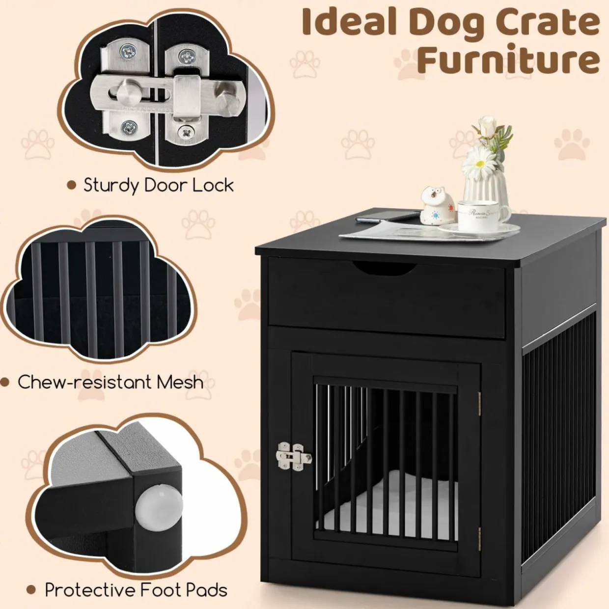 Tangkula Dog Crate Furniture, Decorative Dog Kennel End Table with Storage Drawer