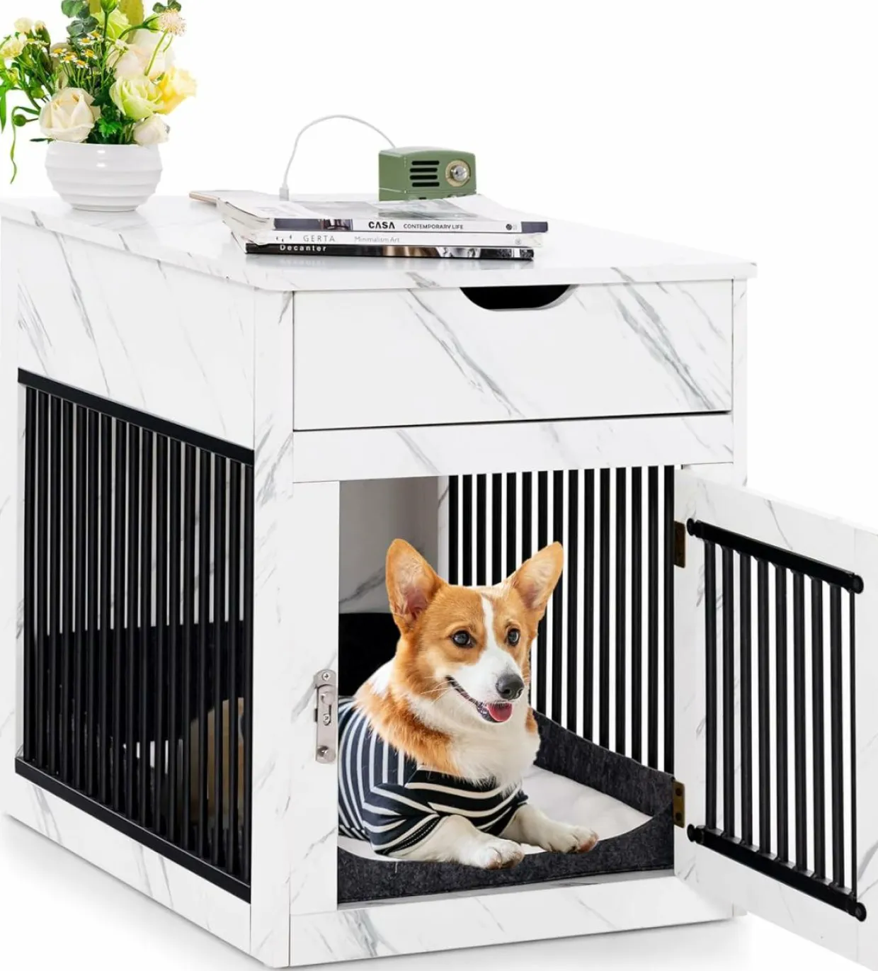 Tangkula Dog Crate Furniture, Decorative Dog Kennel End Table with Storage Drawer