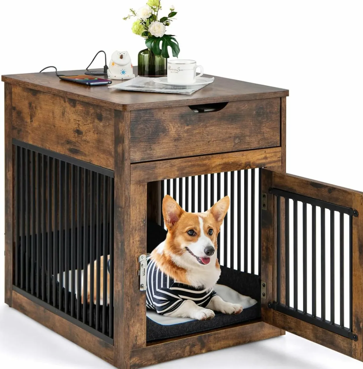 Tangkula Dog Crate Furniture, Decorative Dog Kennel End Table with Storage Drawer