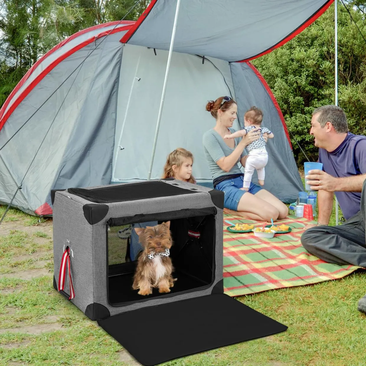 Tangkula 3-Door Folding Dog Crate, Soft Kennel with Removable Pad & Metal Frame