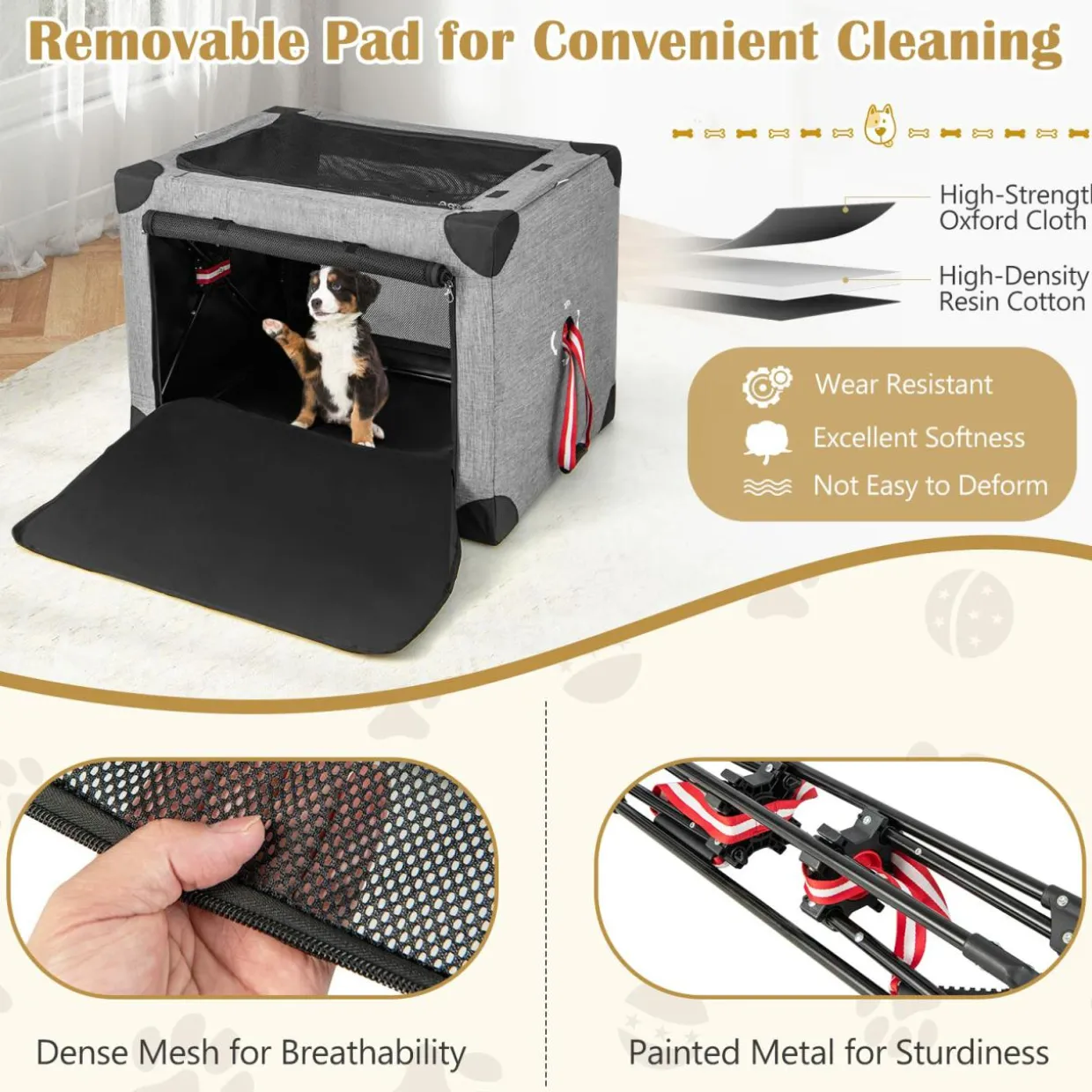 Tangkula 3-Door Folding Dog Crate, Soft Kennel with Removable Pad & Metal Frame
