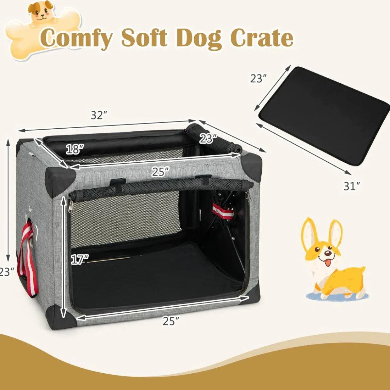Tangkula 3-Door Folding Dog Crate, Soft Kennel with Removable Pad & Metal Frame