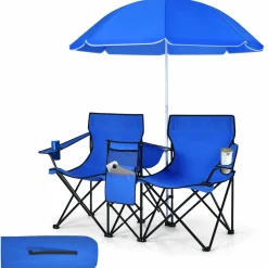 Tangkula Double Camping Chairs with Umbrella, Portable 2 Seat Folding Camp Chair with Cooler Bag