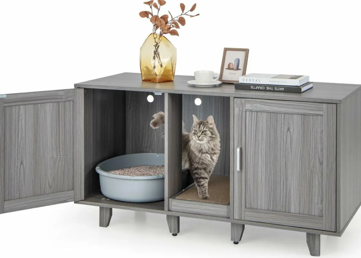 Tangkula Double Cat Litter Box Enclosure for 2 Cats, Large Stackable Hidden Privacy Cat Washroom Cabinet with Scratching Board