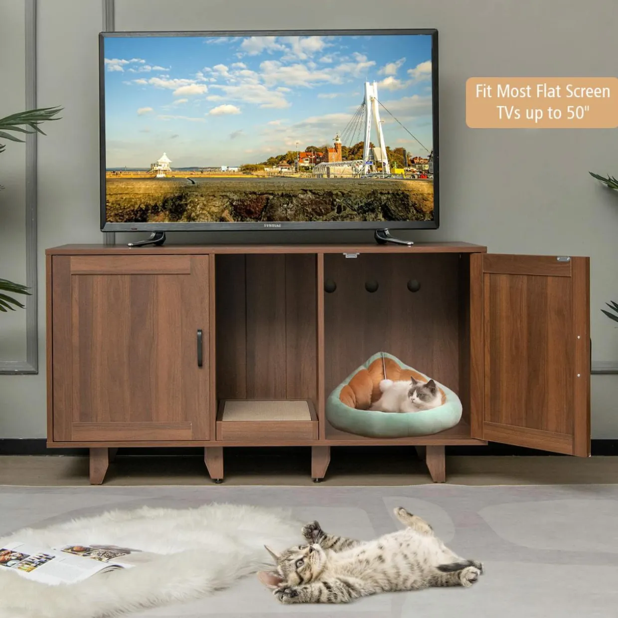 Tangkula Double Cat Litter Box Enclosure for 2 Cats, Large Stackable Hidden Privacy Cat Washroom Cabinet with Scratching Board