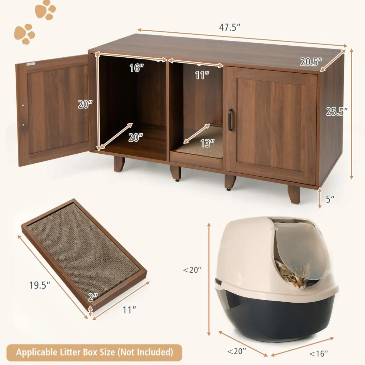 Tangkula Double Cat Litter Box Enclosure for 2 Cats, Large Stackable Hidden Privacy Cat Washroom Cabinet with Scratching Board