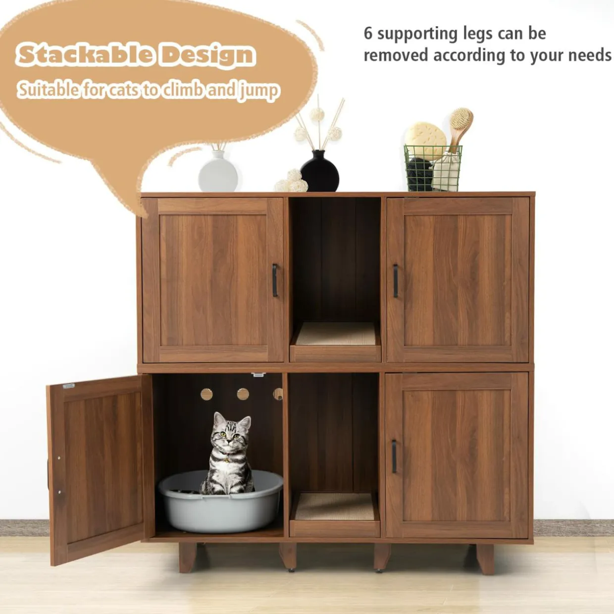Tangkula Double Cat Litter Box Enclosure for 2 Cats, Large Stackable Hidden Privacy Cat Washroom Cabinet with Scratching Board