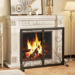 Tangkula Double Door Fireplace Screen, 38 x 31 Inch Flat Fire Guard Screen w/Magnetic Panels