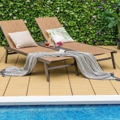 Tangkula Double Patio Chaise Lounge, All Weather-Proof Heavy Duty 6 Position Adjustable Breathable Fabric Outdoor Bed Lounger with Cup Holder
