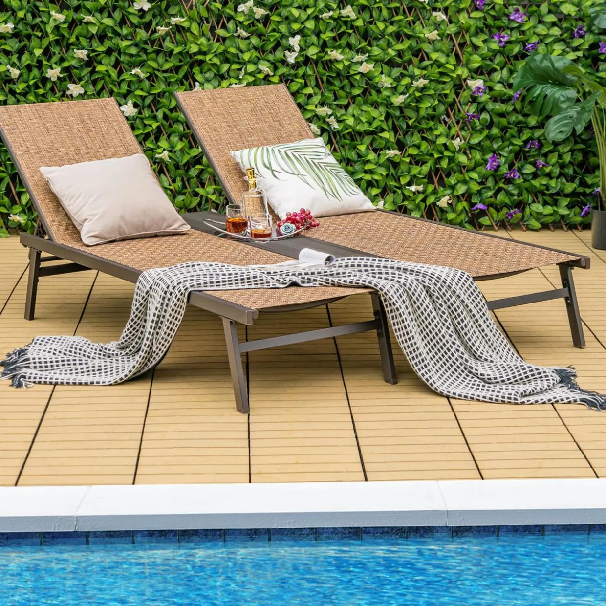 Tangkula Double Patio Chaise Lounge, All Weather-Proof Heavy Duty 6 Position Adjustable Breathable Fabric Outdoor Bed Lounger with Cup Holder