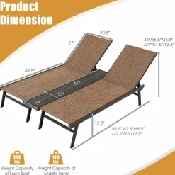 Tangkula Double Patio Chaise Lounge, All Weather-Proof Heavy Duty 6 Position Adjustable Breathable Fabric Outdoor Bed Lounger with Cup Holder