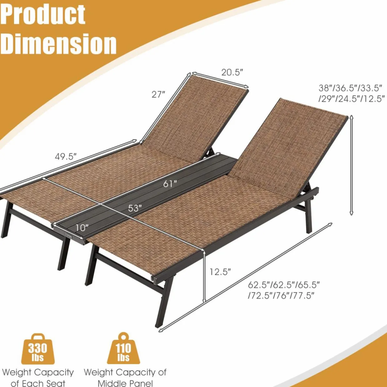 Tangkula Double Patio Chaise Lounge, All Weather-Proof Heavy Duty 6 Position Adjustable Breathable Fabric Outdoor Bed Lounger with Cup Holder
