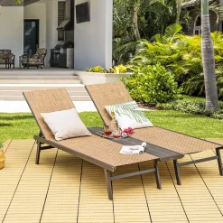 Tangkula Double Patio Chaise Lounge, All Weather-Proof Heavy Duty 6 Position Adjustable Breathable Fabric Outdoor Bed Lounger with Cup Holder