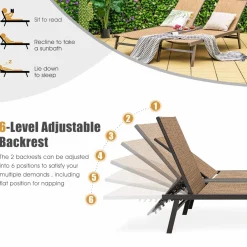 Tangkula Double Patio Chaise Lounge, All Weather-Proof Heavy Duty 6 Position Adjustable Breathable Fabric Outdoor Bed Lounger with Cup Holder