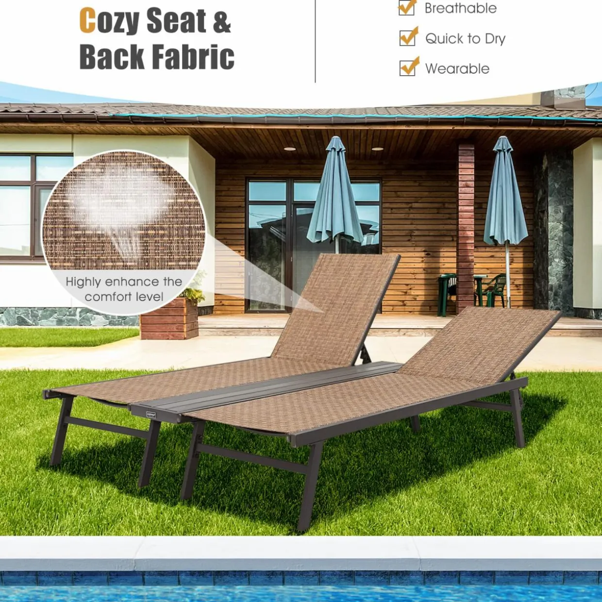 Tangkula Double Patio Chaise Lounge, All Weather-Proof Heavy Duty 6 Position Adjustable Breathable Fabric Outdoor Bed Lounger with Cup Holder