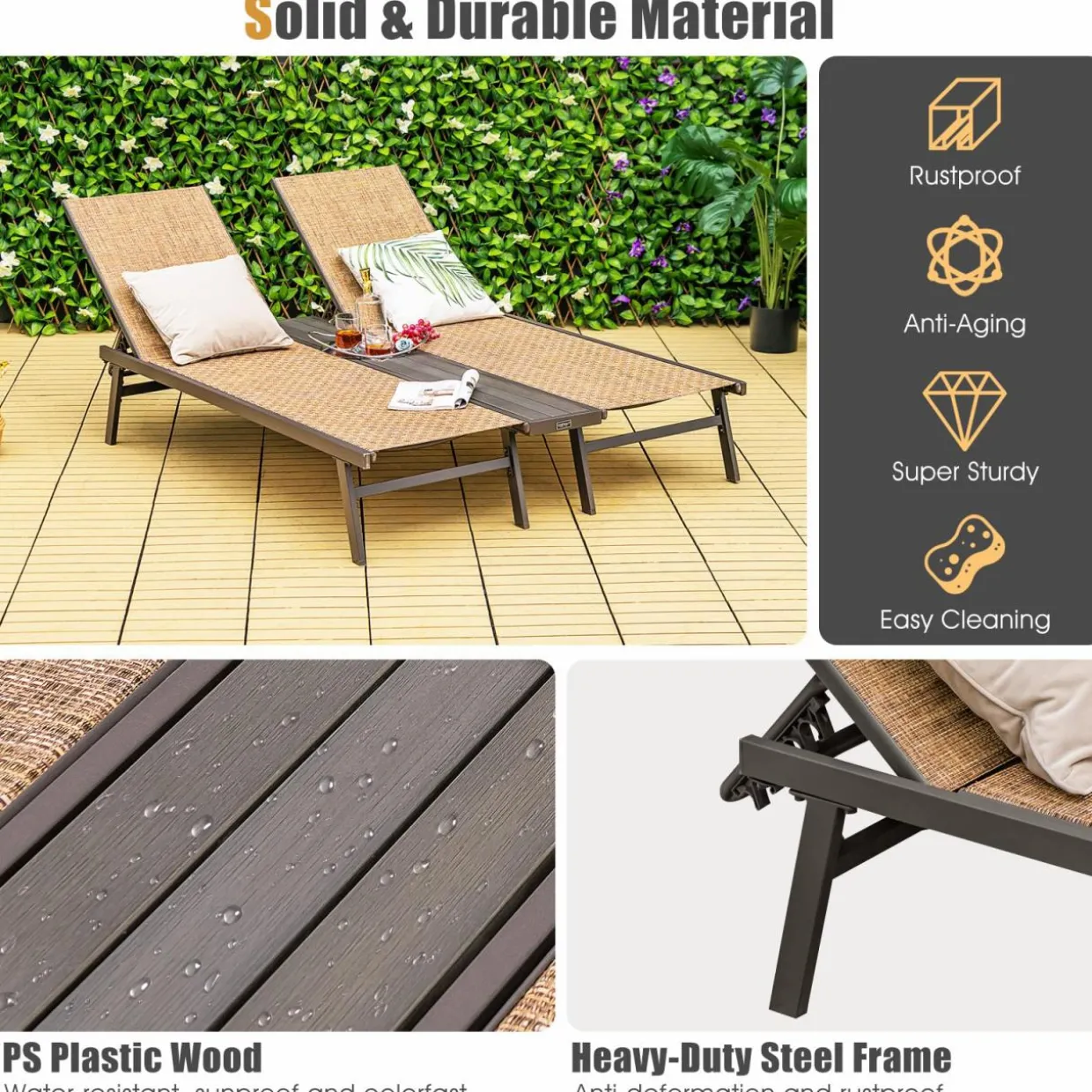 Tangkula Double Patio Chaise Lounge, All Weather-Proof Heavy Duty 6 Position Adjustable Breathable Fabric Outdoor Bed Lounger with Cup Holder