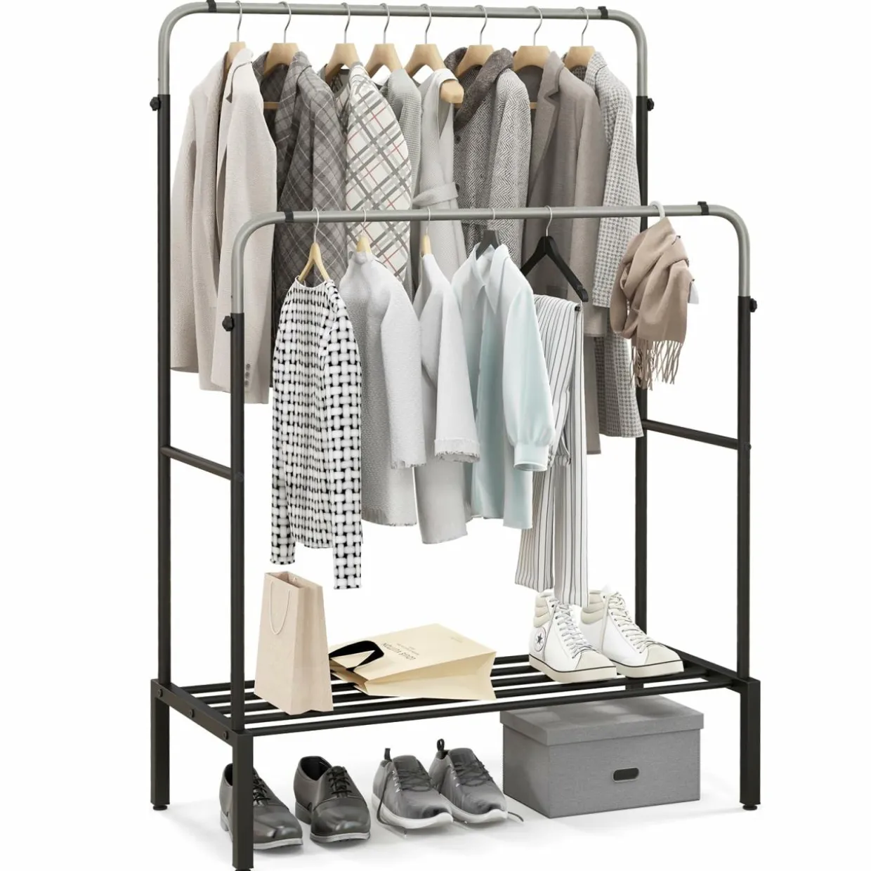 Tangkula Double Rod Clothes Garment Rack with Adjustable Heights (Black & Silver)