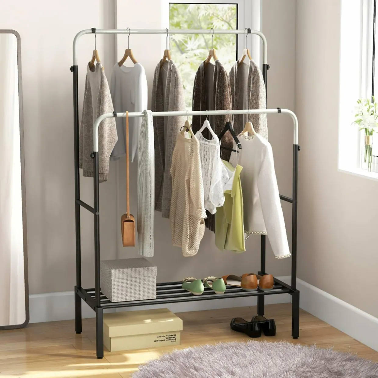 Tangkula Double Rod Clothes Garment Rack with Adjustable Heights (Black & Silver)