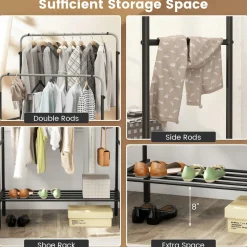 Tangkula Double Rod Clothes Garment Rack with Adjustable Heights (Black & Silver)