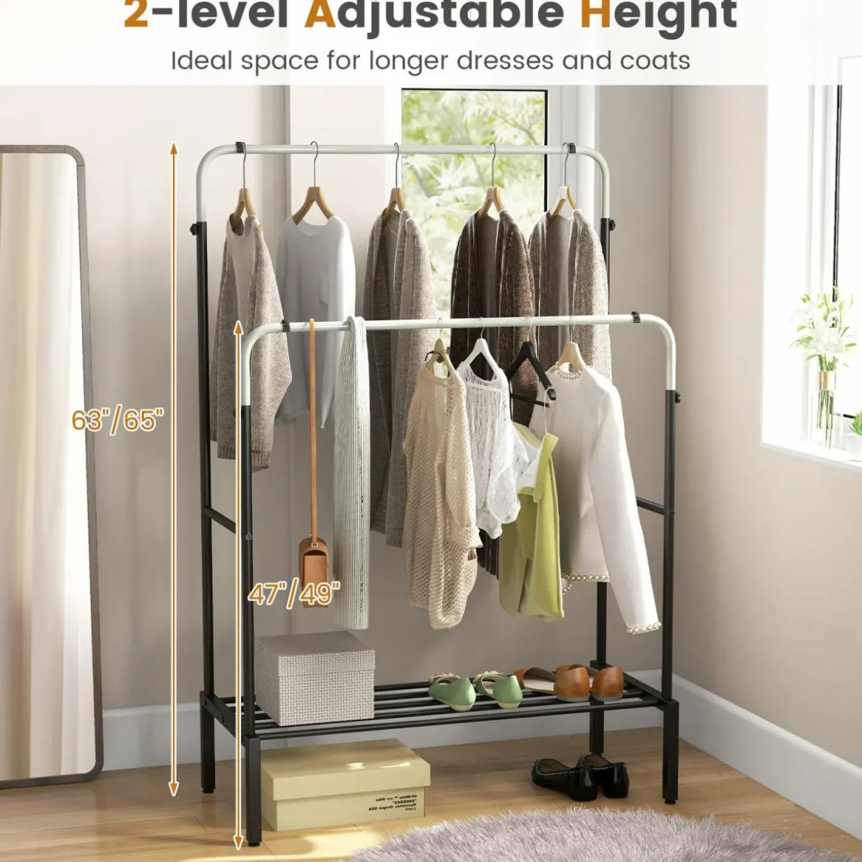 Tangkula Double Rod Clothes Garment Rack with Adjustable Heights (Black & Silver)