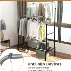 Tangkula Double Rod Clothes Garment Rack with Adjustable Heights (Black & Silver)