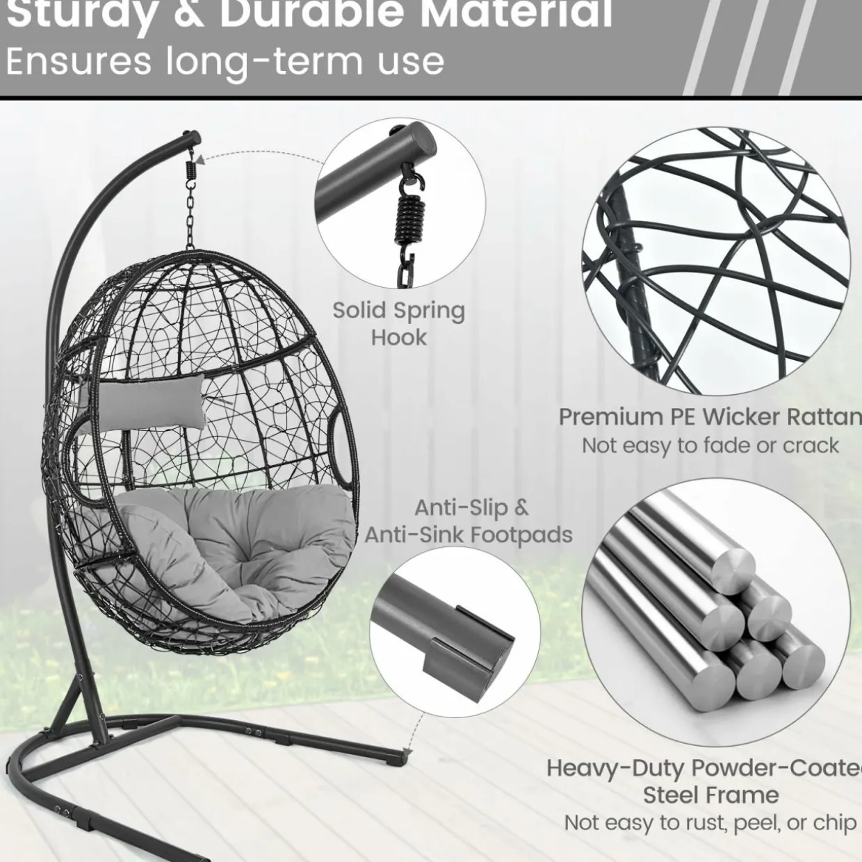 Tangkula Egg Chair with Stand, Hanging Egg Swing Chair with Removable Seat Cushion & Headrest