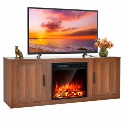 Tangkula Electric Fireplace TV Stand for TVs up to 65 Inch,with 18 Inch 1500W Faux Fireplace,Built-in Thermostat