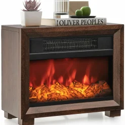 Tangkula Electric Fireplace Heater, 750W Mini Wooden Tabletop Fireplace with Realistic Flame
