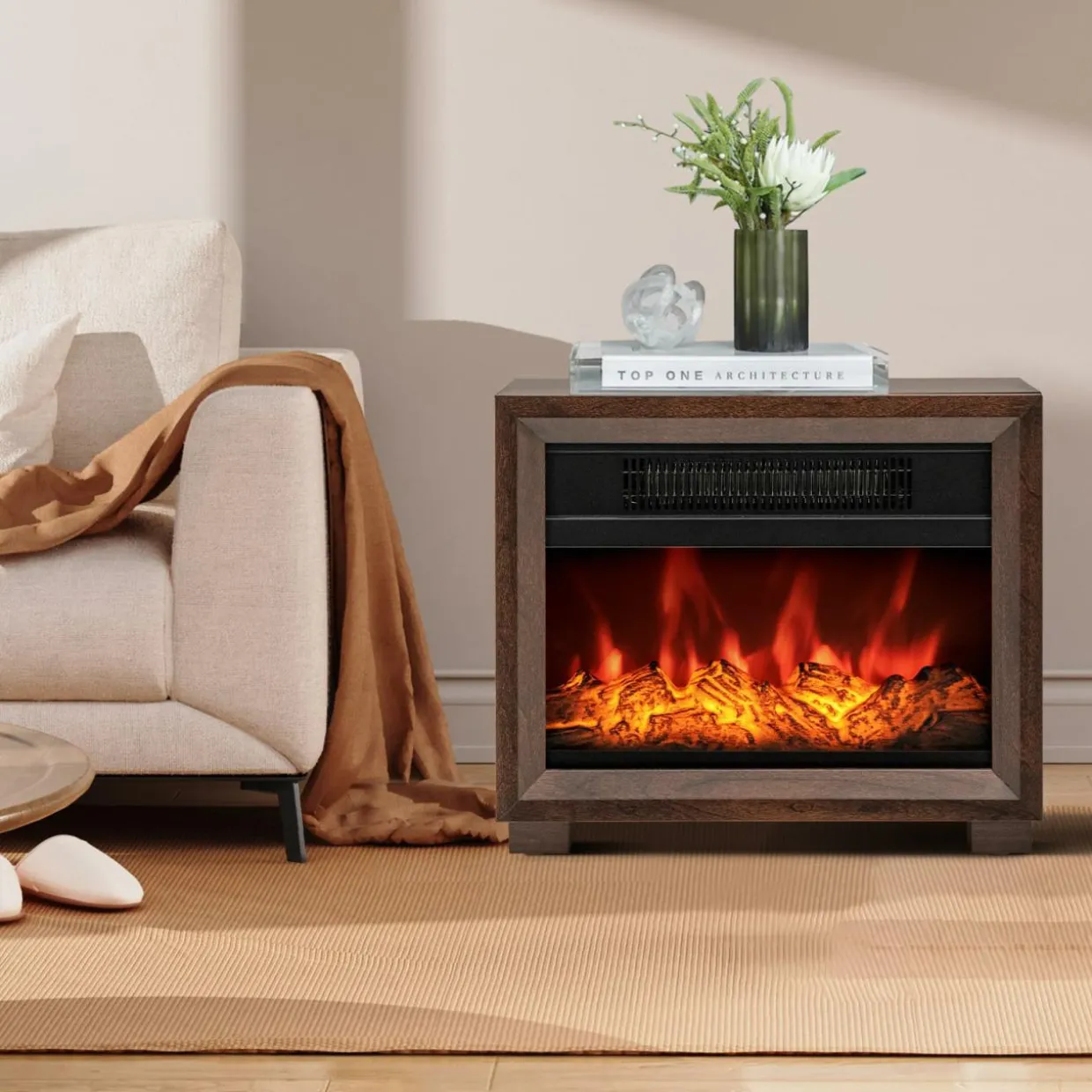 Tangkula Electric Fireplace Heater, 750W Mini Wooden Tabletop Fireplace with Realistic Flame