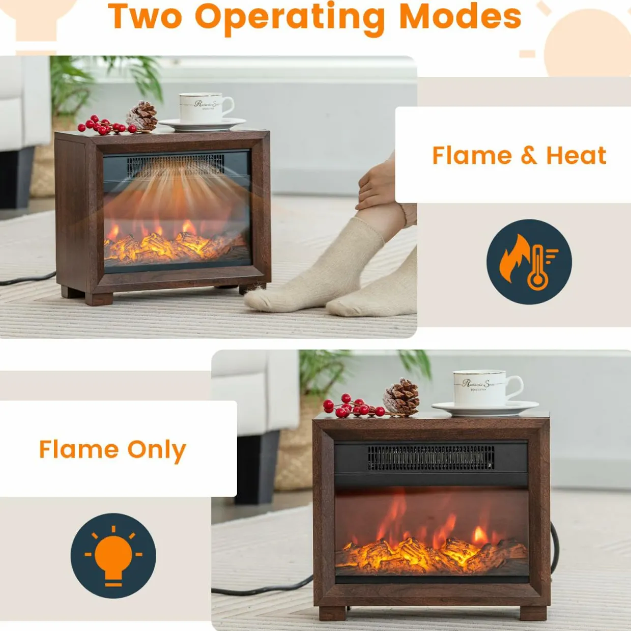 Tangkula Electric Fireplace Heater, 750W Mini Wooden Tabletop Fireplace with Realistic Flame