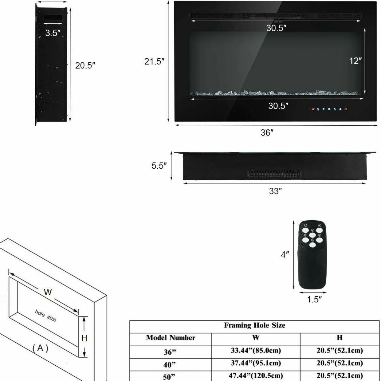 Tangkula Electric Fireplace, in-Wall Recessed and Wall Mounted Fireplace Heater
