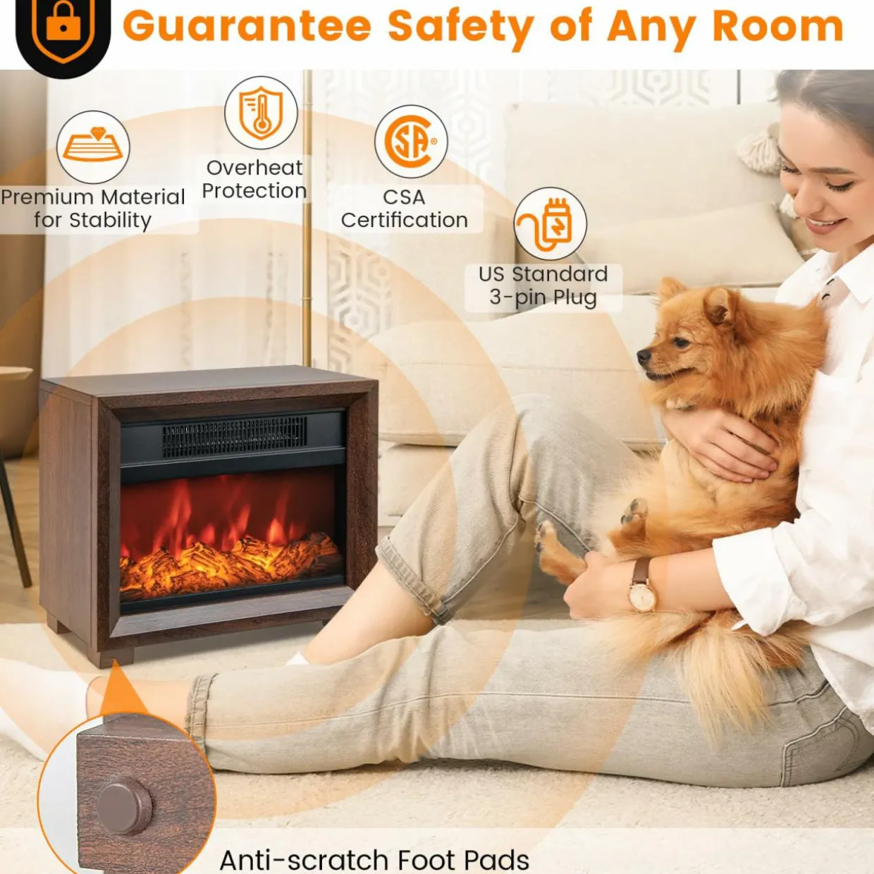 Tangkula Electric Fireplace Heater, 750W Mini Wooden Tabletop Fireplace with Realistic Flame