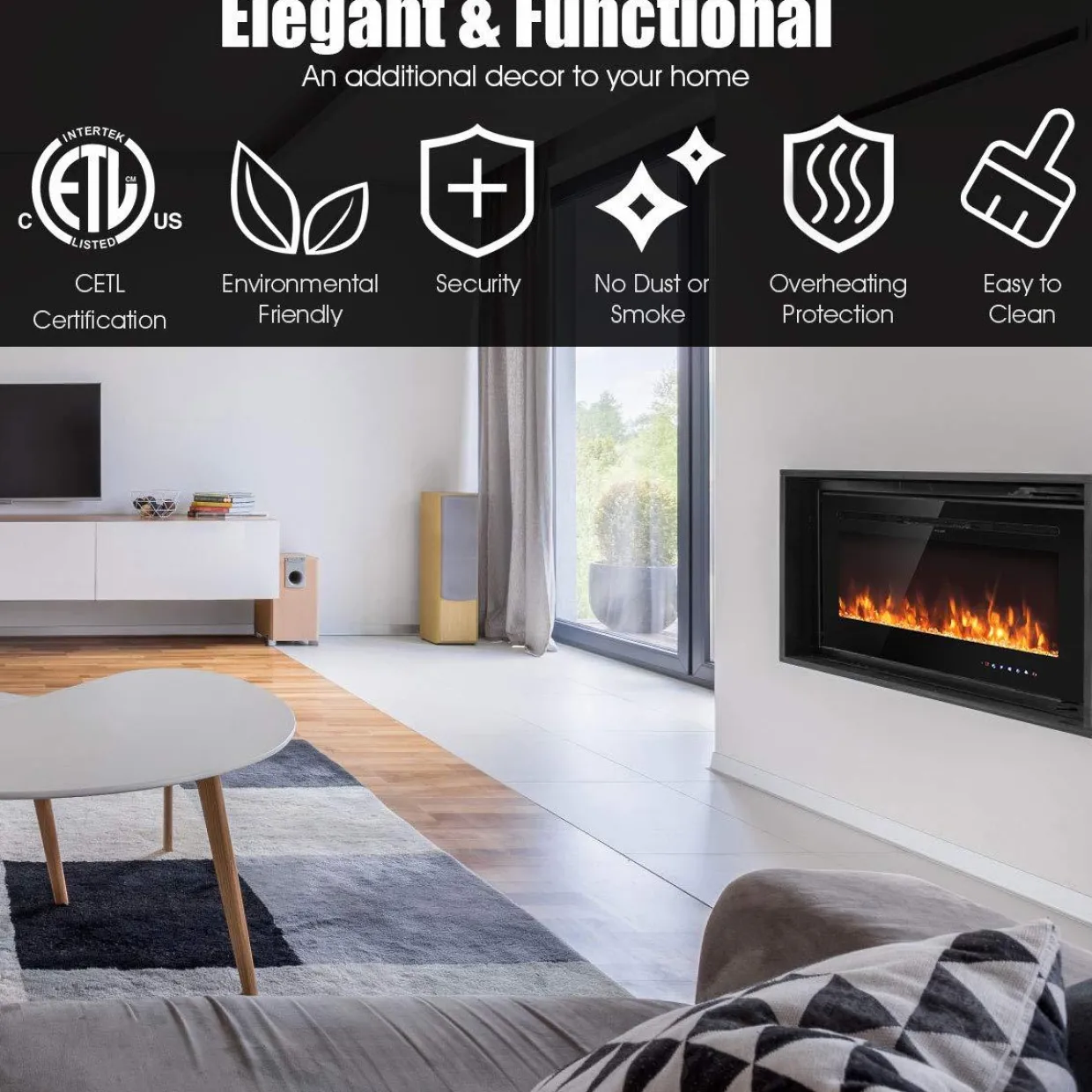 Tangkula Electric Fireplace, in-Wall Recessed and Wall Mounted Fireplace Heater
