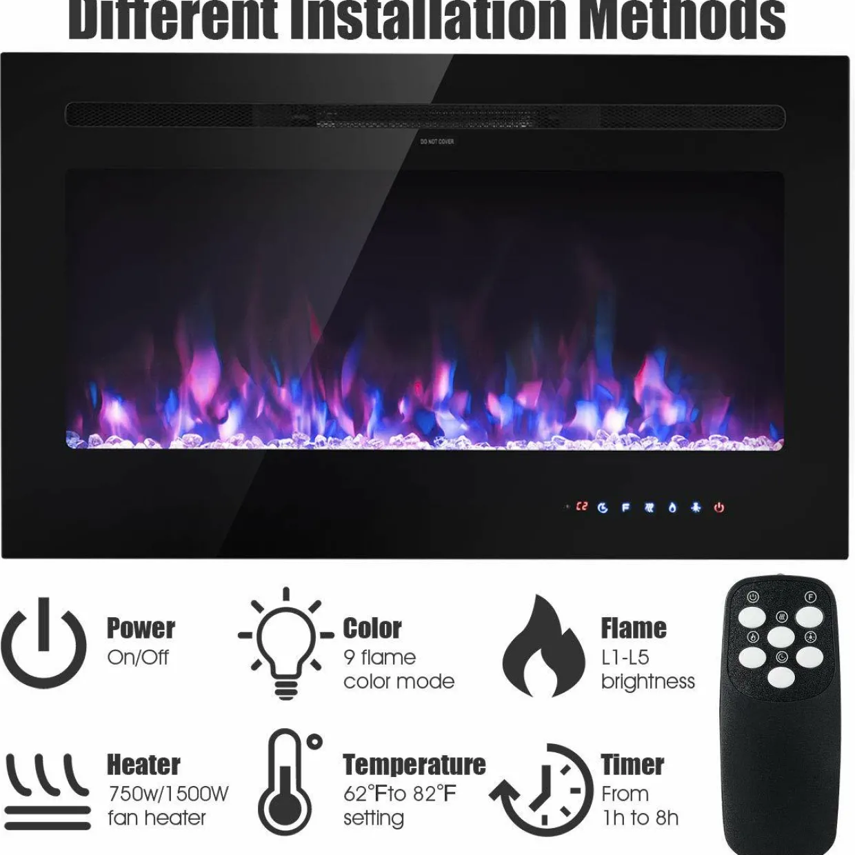 Tangkula Electric Fireplace, in-Wall Recessed and Wall Mounted Fireplace Heater