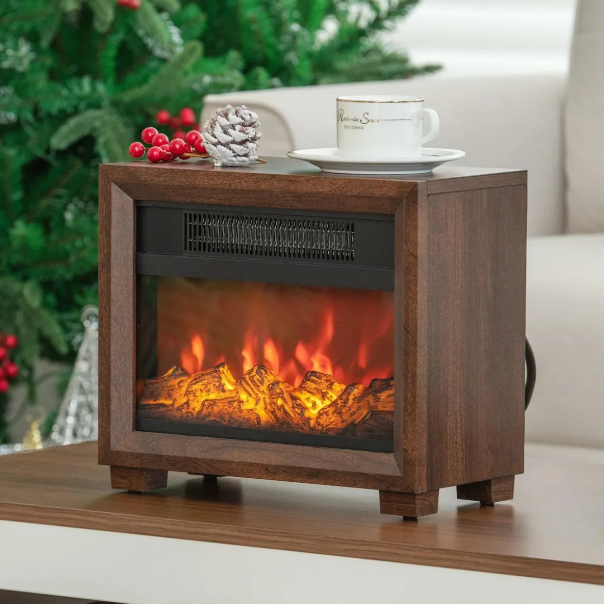 Tangkula Electric Fireplace Heater, 750W Mini Wooden Tabletop Fireplace with Realistic Flame