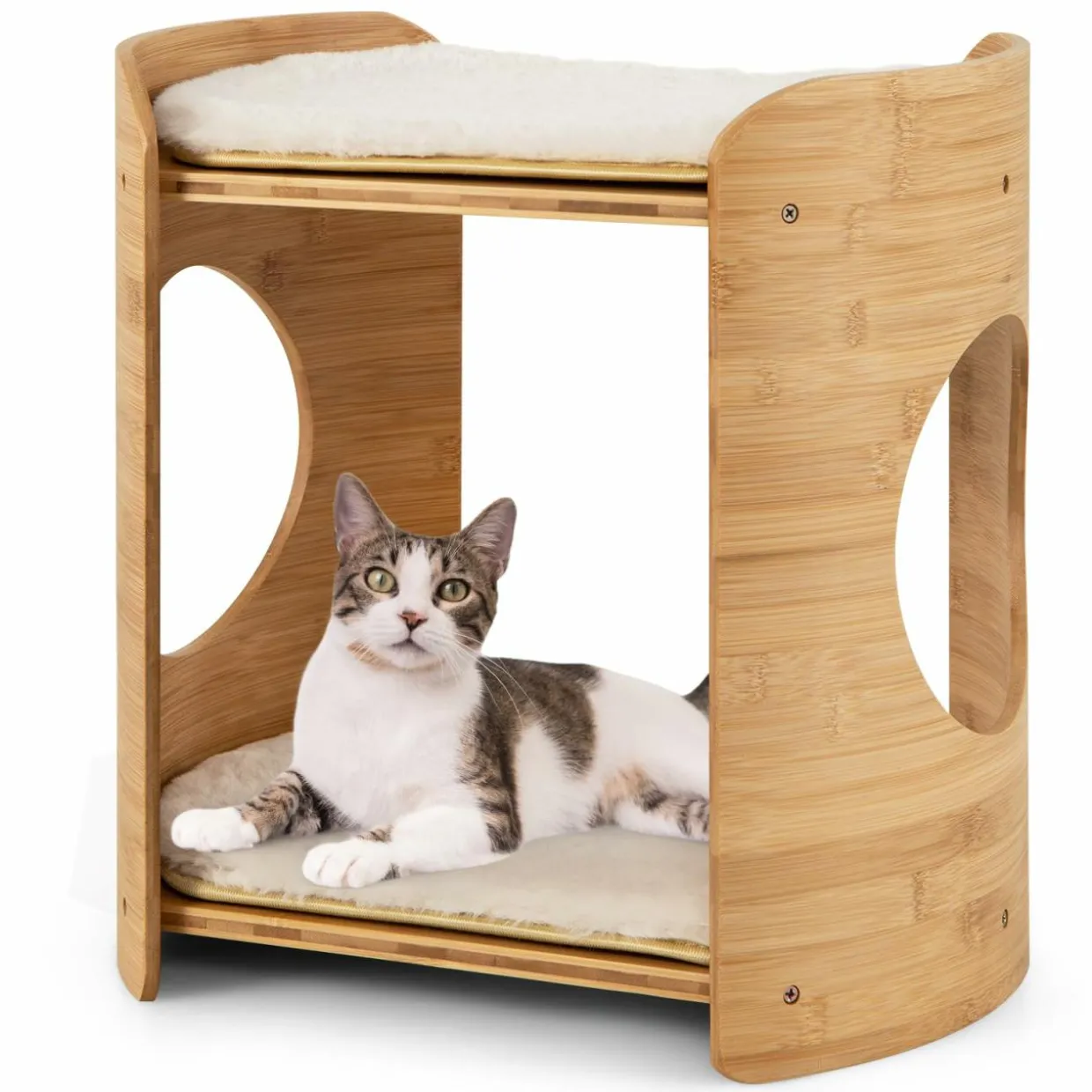 Tangkula Elevated Cat Bed for Indoor Cats, 2-Tier Cute Small Cat Tree Tower with Natural Bamboo Frame