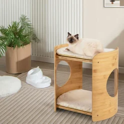 Tangkula Elevated Cat Bed for Indoor Cats, 2-Tier Cute Small Cat Tree Tower with Natural Bamboo Frame